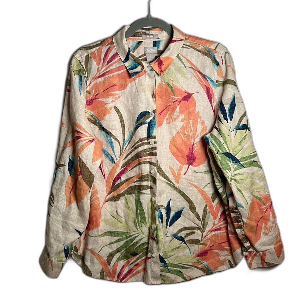 Chico’s Linen? Shirt Size Large 12-14 Long Roll Tab Sleeves Tropical Leaves